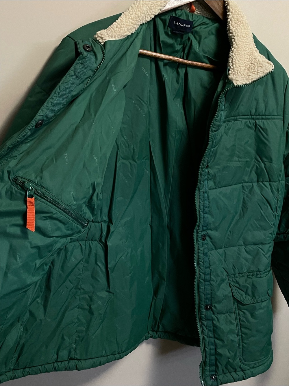 Lands' End Dark Green Quilted Puffer Chore Jacket Sherpa Collar Women’s Large